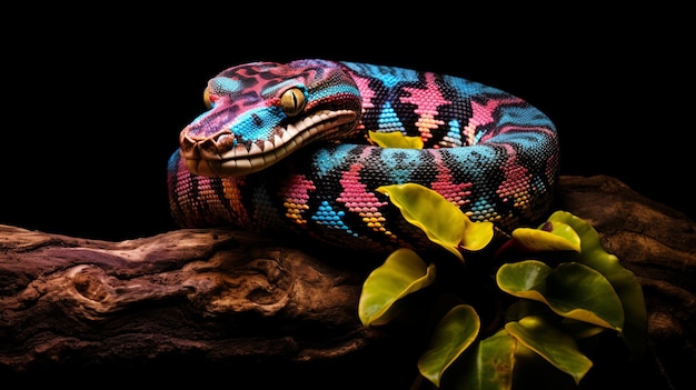 Boa Constrictor vibrant sur fond noir une superbe illusion d'optique