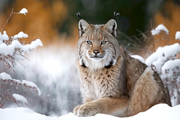 Bobcat avec fourrure d'hiver assis sur la neige sur fond de forêt ai générative