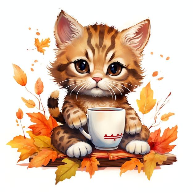 Bobcat avec livre et tasse dans les bois d'automne