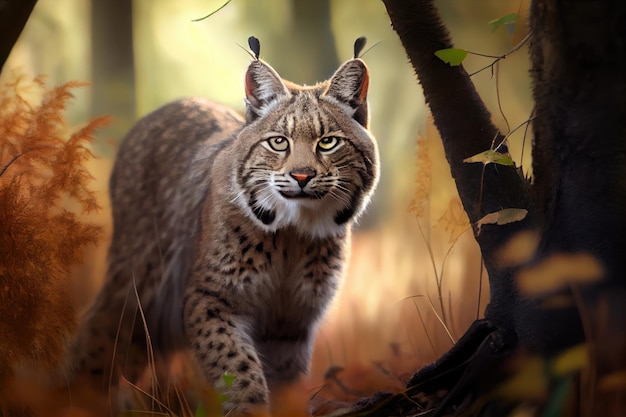 Bobcat traque sa proie dans la forêt