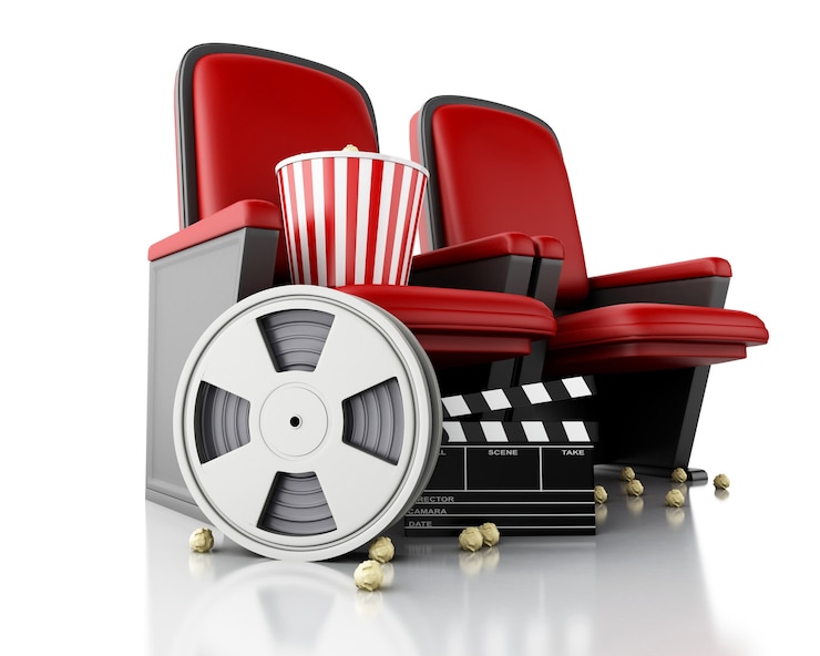 Photo bobine de film 3d, pop-corn et clap de cinéma sur le siège du théâtre.