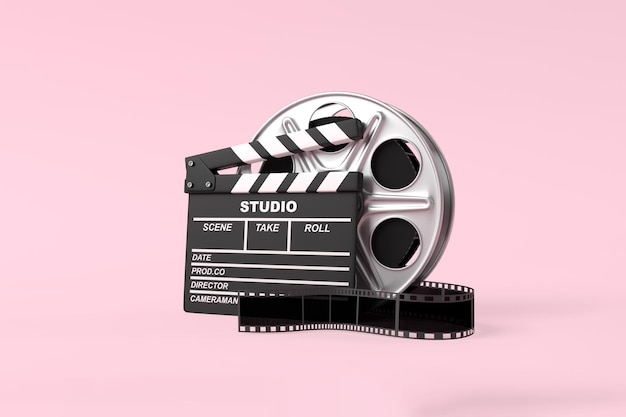 Bobine de film avec clap isolé sur fond rose vif dans des couleurs pastel rendu 3D