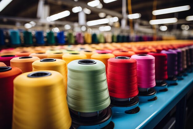 Des bobines de fil colorées sur une machine à filer dans une usine textile