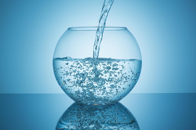 Un bocal à poissons est rempli d'eau sur fond bleu. Pris en studio avec une marque 5D III.