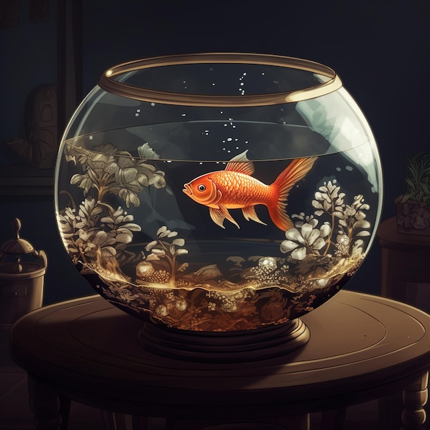 Un bocal à poissons avec un poisson rouge debout sur un bureau