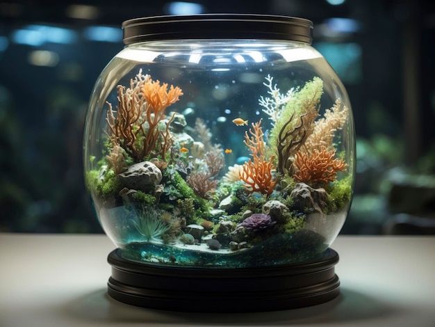 un bocal à poissons avec une variété de plantes sur une table