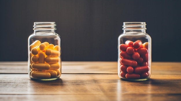 un bocal en verre de bonbons rouges et jaunes est posé sur une table en bois.