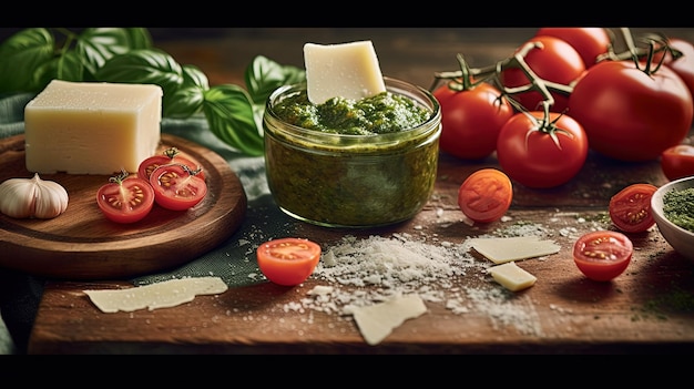 Un bocal en verre avec du pesto vert avec des ingrédients et du parmesan sur des aliments de cuisine sains Image Generative AI