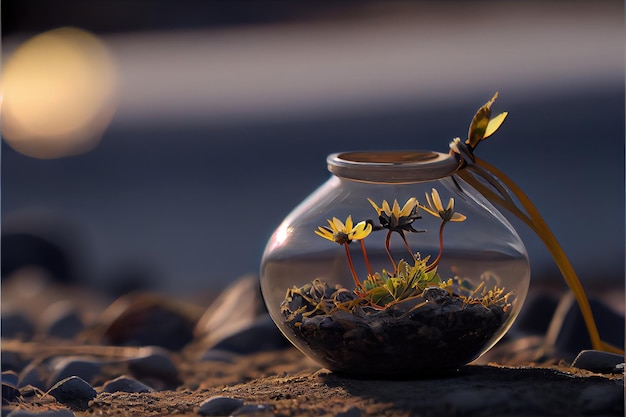 Bocal en verre avec fleur dans la nature