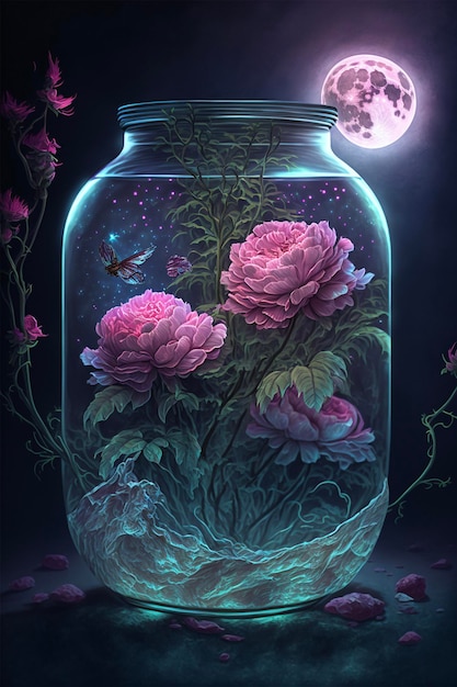 Bocal en verre rempli de fleurs roses sous une pleine lune ai générative
