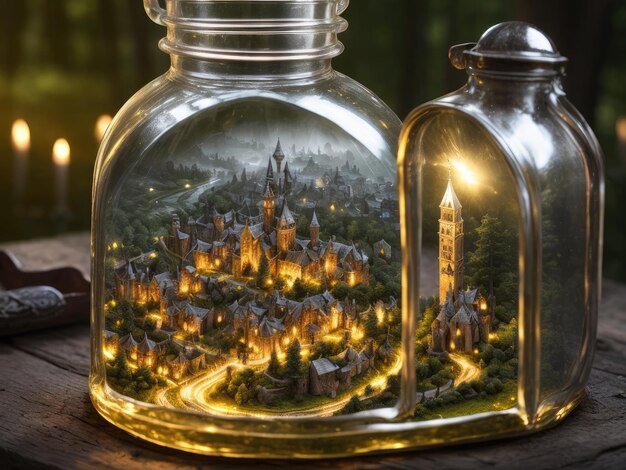 Un bocal en verre avec une scène de ville illuminée dessus.