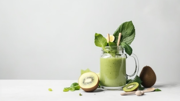 Un bocal en verre de smoothie kiwi avec un liquide vert sur la table.