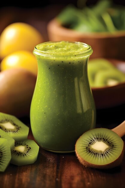 Photo un bocal en verre avec un smoothie vert à côté d'un kiwi en tranches