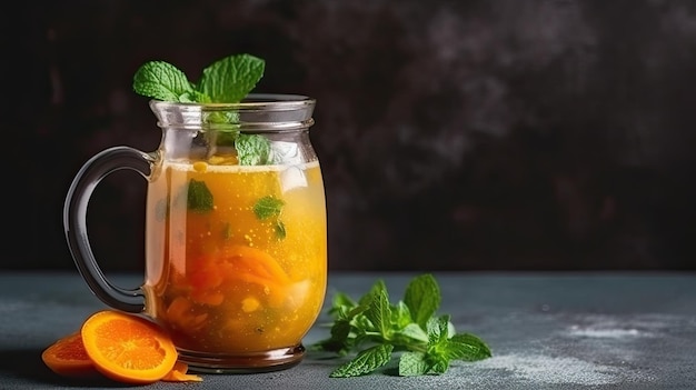 Un bocal en verre de thé aux pêches avec des feuilles de menthe sur une table.