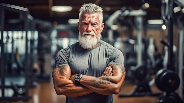 Une bodybuilder âgée pose pour une photo avec les bras croisés au gymnase.