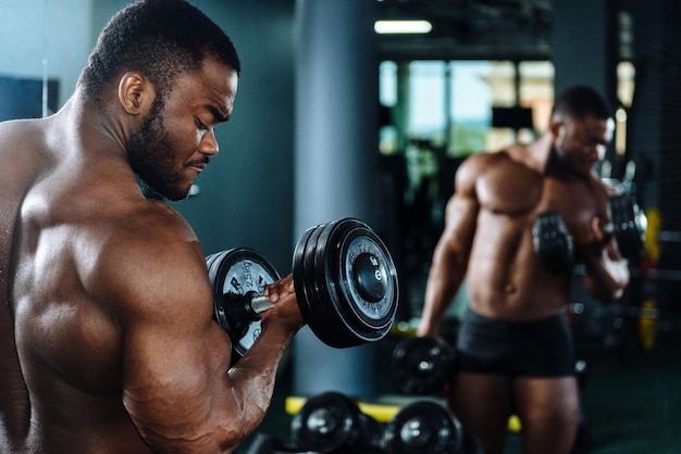 Bodybuilder athlète masculin travaillant dans la salle de gym