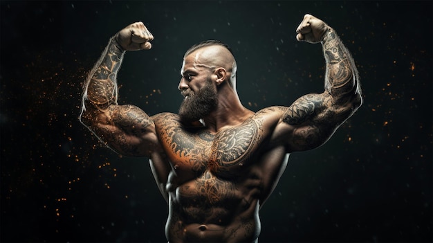 Bodybuilder élégant et puissant avec un tatouage sur le bras