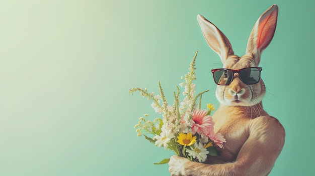 Un bodybuilder de lapin de Pâques en lunettes de soleil avec un bouquet de fleurs sur un fond vert et ensoleillé