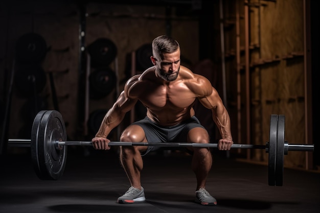 Bodybuilder masculin fort concentré faisant de l'exercice avec une barre d'haltérophilie pour le bien-être et le corps sportif athlétique IA générative