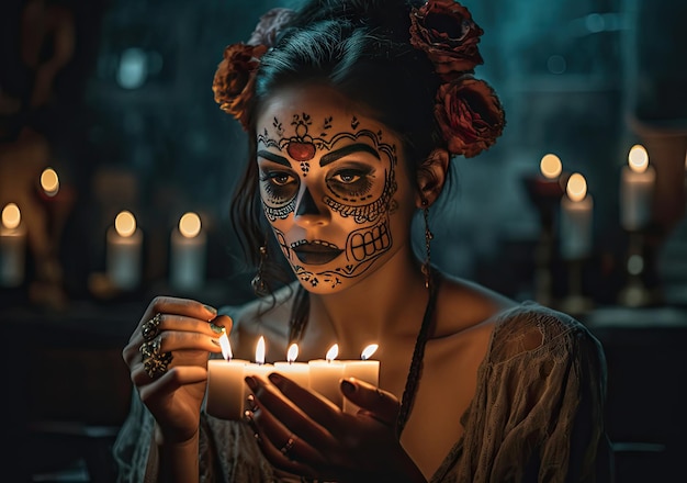 Bodypaint femme au jour du fantôme de la mort décorer avec des fleurs tenant une bougie ai générative