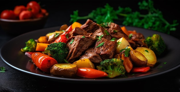 Boeuf frais cuit avec des légumes dans une assiette noire alimentation saine fond sombre image générée par l'IA