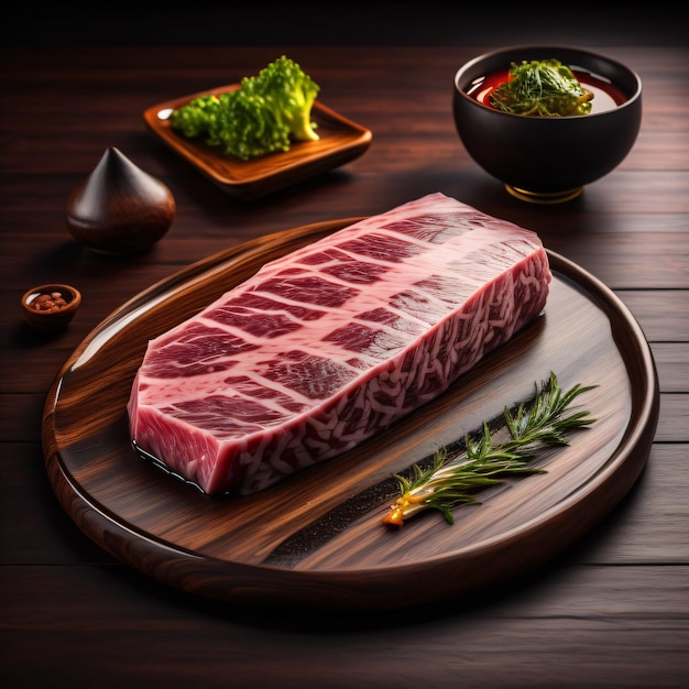 Bœuf Wagyu sur une assiette en bois