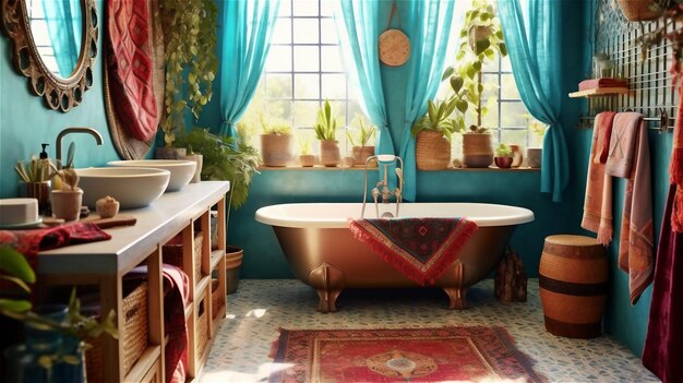 Photo boho bliss, une salle de bain dynamique et relaxante