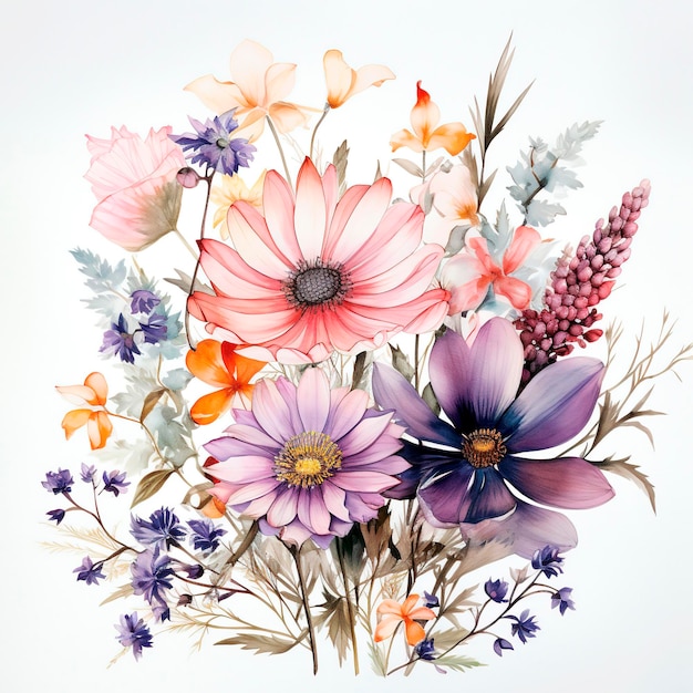 Boho chic fleurs sauvages aquarelle fleurs délicates sur un fond blanc génération d'IA