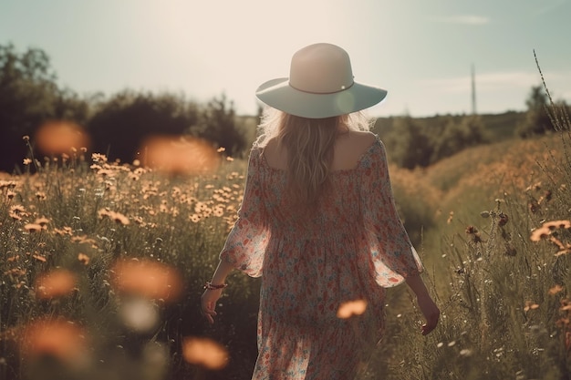 Boho girl marchant dans une prairie ensoleillée remplie de fleurs sauvages vue arrière