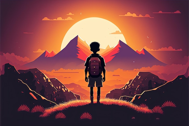 Un boi partant dans une aventure fantastique avec un beau soleil orange et des montagnes Generative Ai