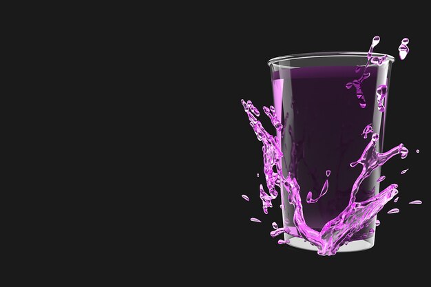 Boire dans un verre avec des éclaboussures d'eau sur fond noir. illustration de rendu 3D