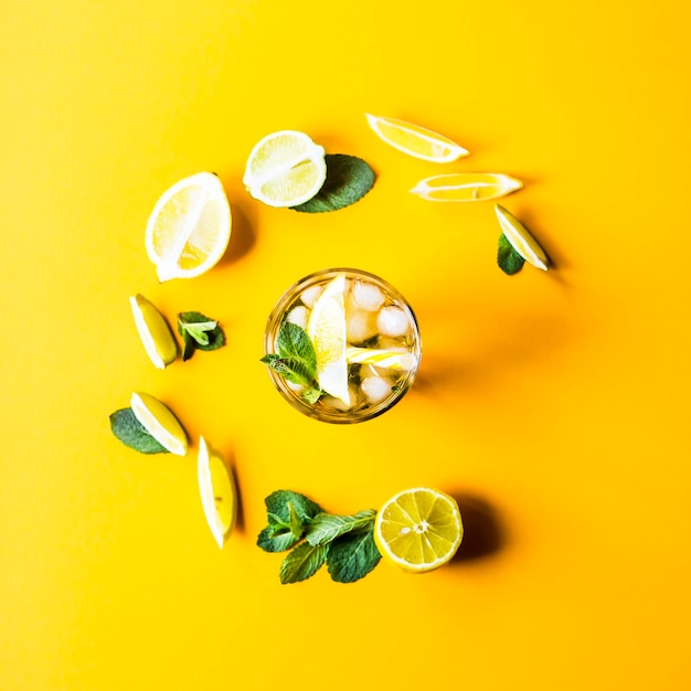 Photo boire dans un verre avec des fruits sur un fond jaune