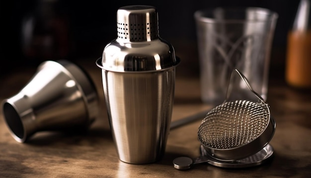 Boire du café frais à partir d'une cafetière en acier inoxydable sur une table générée par l'IA