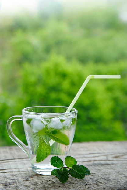 A boire avec du citron et de la menthe dans un verre avec des pailles