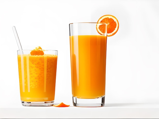 Photo boire du jus d'orange dans un verre blanc fond isolé brillant généré par l'ia