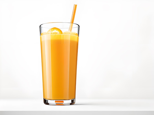 Photo boire du jus d'orange dans un verre blanc fond isolé brillant généré par l'ia