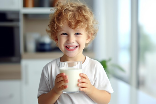 Boire du lait en bonne santé pour les tout-petits dans la cuisine avec des aliments riches en calcium