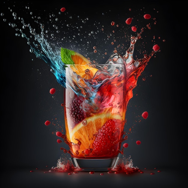 boire des éclaboussures dans un verre de cocktail d'été multicolore rafraîchissant dans un verre à vin sur fond sombre