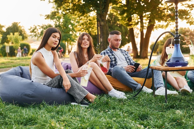 Boire et fumer Un groupe de jeunes fait la fête dans le parc pendant la journée d'été