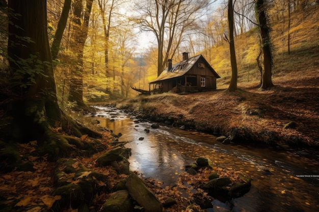 Bois d'automne avec ruisseau et cabane pittoresque générative IA