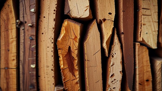 Bois cassé avec des morceaux isolés sur un fond flou barre de dessert de bois en gros plan