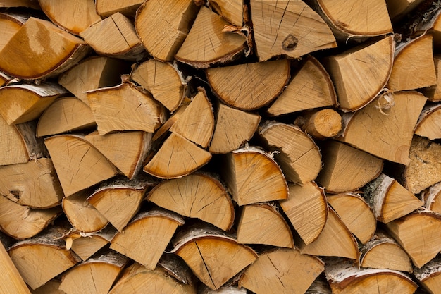 Bois de chauffage de bouleau coupé pour le chauffage domestique, le matin ensoleillé à l'ombre. photo de haute qualité