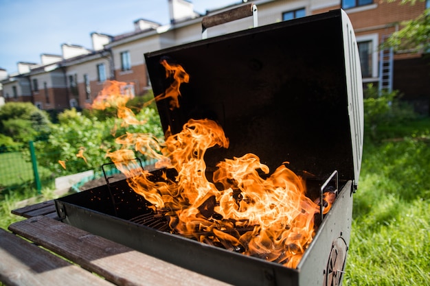 Le Bois De Chauffage Brûle Fortement Dans La Rue En été. Préparer Un Barbecue.