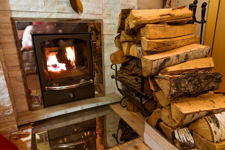 Photo bois de chauffage près de la cheminée brûlante. stand de bottes en feutre rouge. les accessoires se tiennent près du mur de la maison.