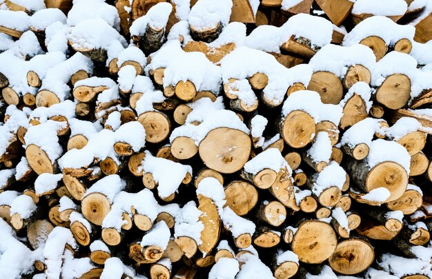 Bois de chauffage recouvert de neige. Récolte du bois de chauffage en hiver. Le bois du poêle est recouvert de neige.