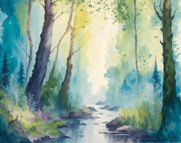 Bois enchantés AIForêt d'aquarelle générée