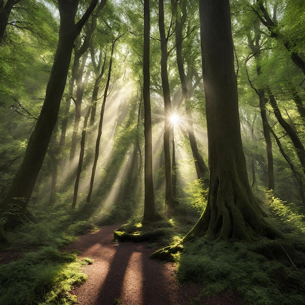 Des bois enchanteurs avec des rayons de soleil pénétrant à travers la canopée.