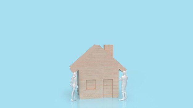 Le bois de la maison et la figure sur fond bleu pour le rendu 3d du concept de propriété ou de domaine