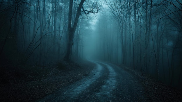 Des bois ombragés énigmatiques Des chemins sombres et sombres entourés de brouillard Des paysages sinistres de bois hantés avec des arbres effrayants