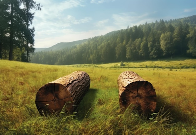 Bois de tronc d'arbre sur la ferme de fond de nature avec la lumière du soleil d'herbe le matin